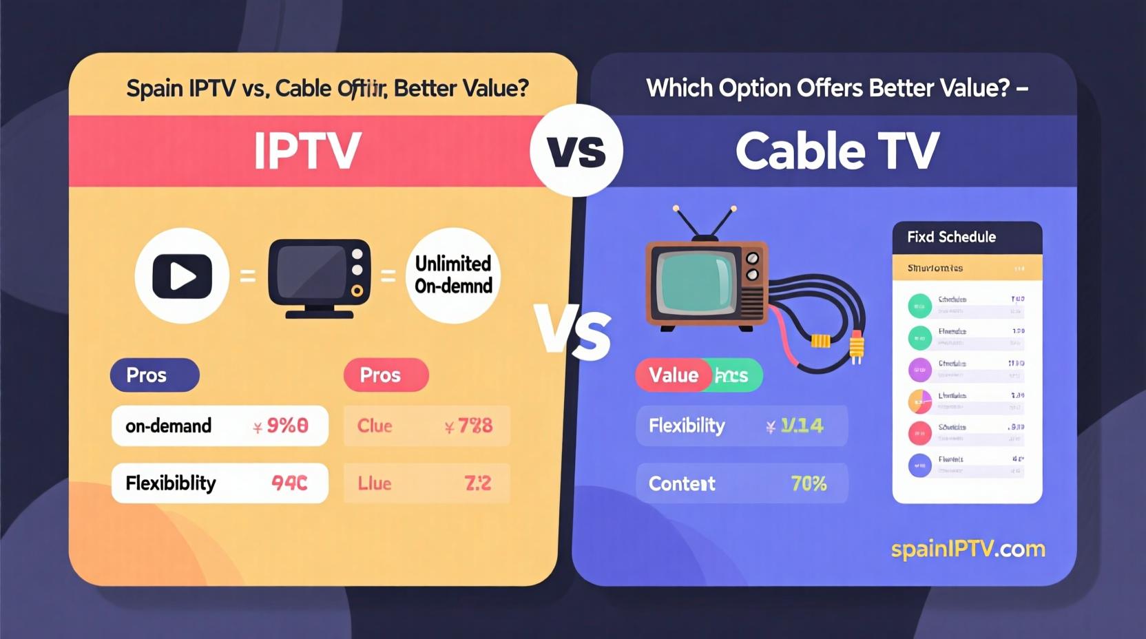 A comparison chart showcasing the key differences between Spain IPTV and Cable TV, highlighting price, channel variety, and features.